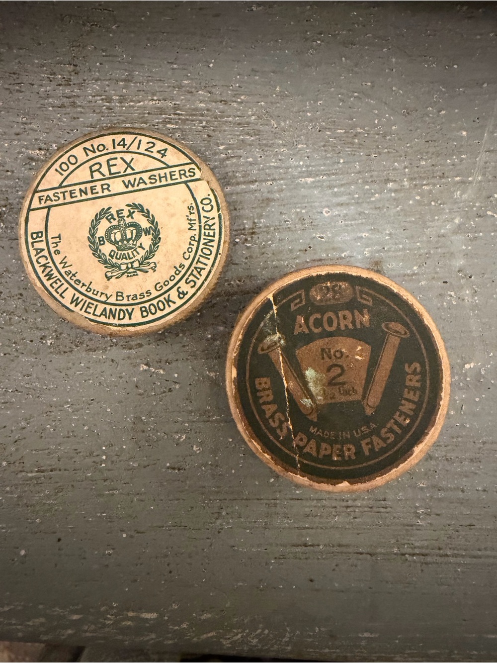 Vintage Round Brass Fastener Tins - Black & Cream Labels